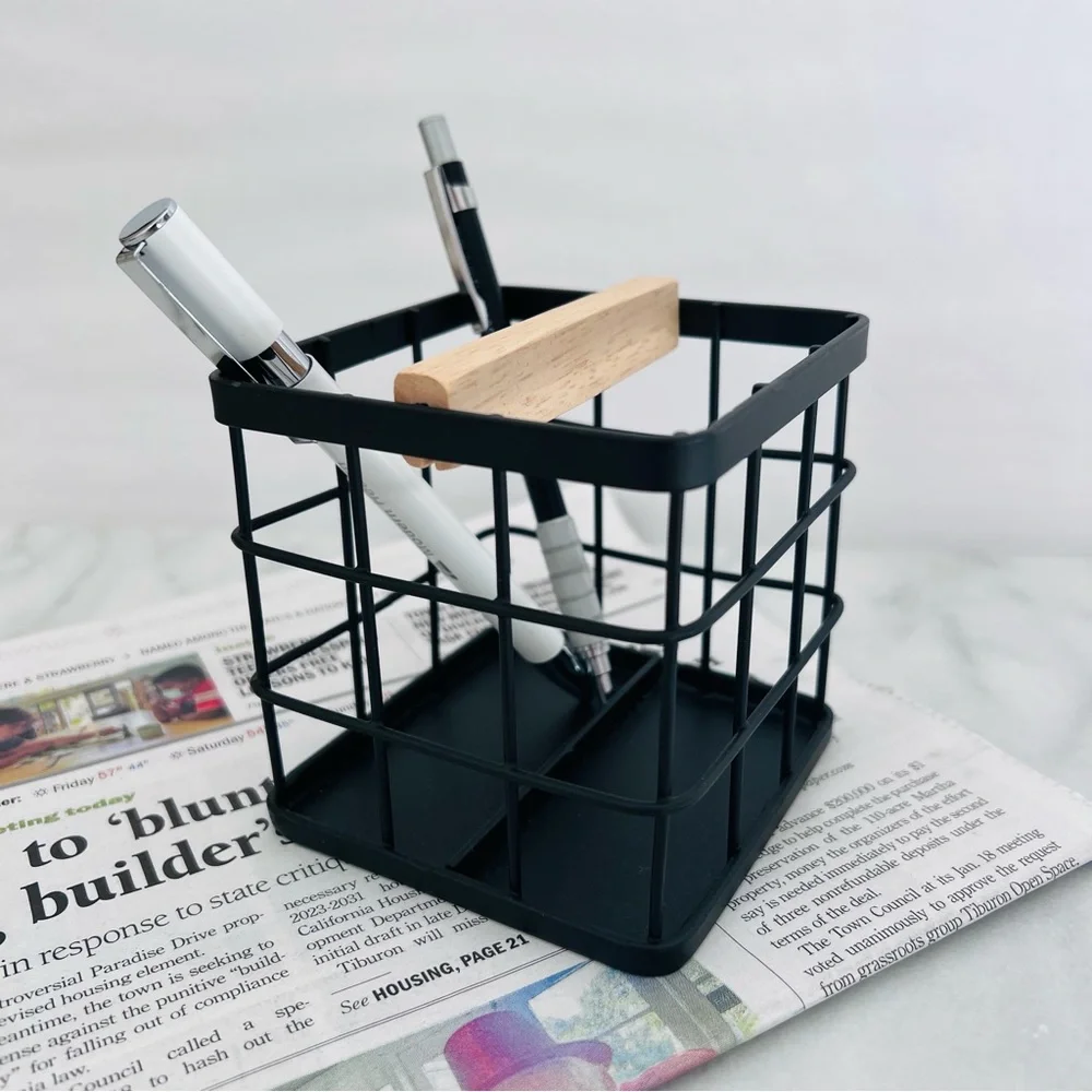 Black Iron & Wood Grid Pen Holder